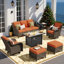 Mobilier de patio extérieur 7 pièces avec foyer, ensemble de conversation d'extérieur en osier 7 personnes Pe toutes saisons, chaises berçantes pivotantes pour terrasse, piscine, terrasse