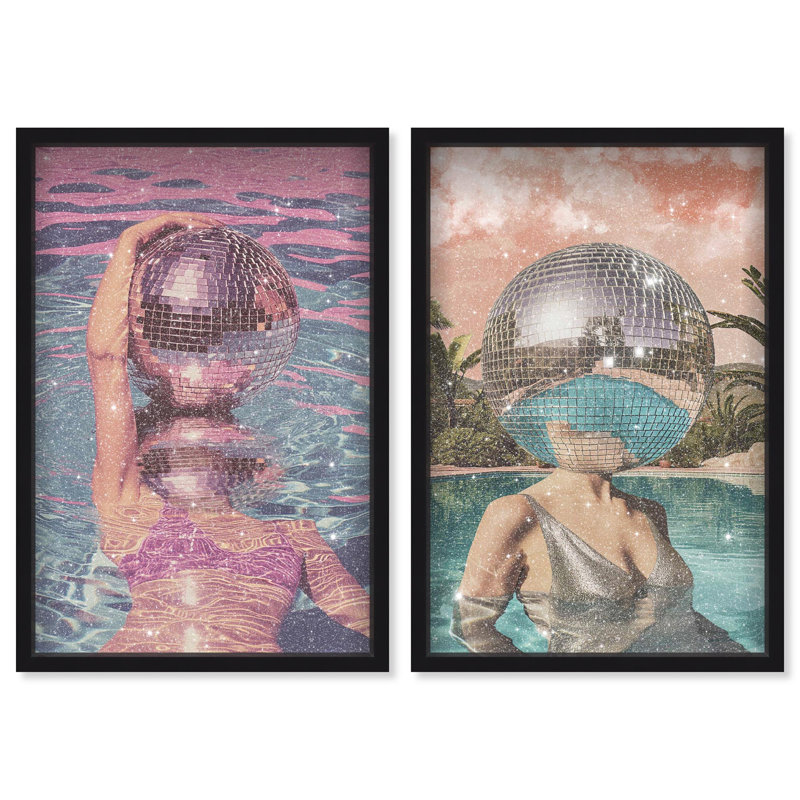 Oliver Gal Swim in Disco Set Fashion and Glam - Diamond Dust Framed Shadowbox Art, 37.5" H x 25.5" W, Black