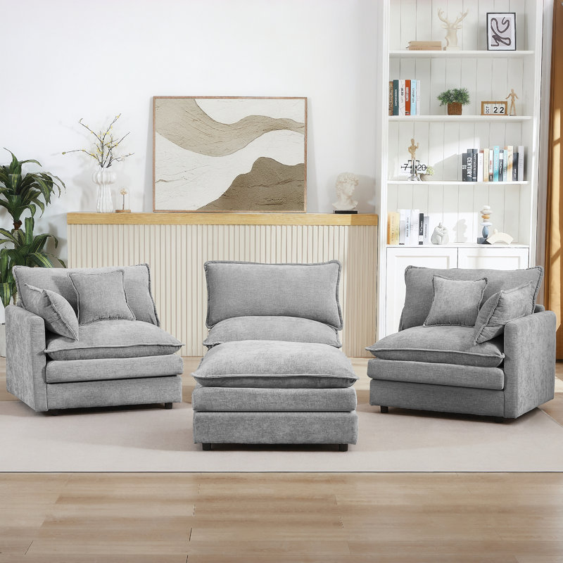 Modular Sectional Sofa, 105 Inch L Shaped Couch Set for Living Room, 3-Seater Comfy Cloud Couches with Movable Ottoman, DIY Combination, Chenille, Grey