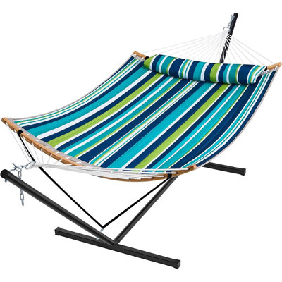 2-person Heavy Duty Hammock With Stand, Padded Cotton Fabric, Detachable Pillow, Curved Spreader Bar & Portable Carry Bag – Indoor/outdoor (dark Cyan)