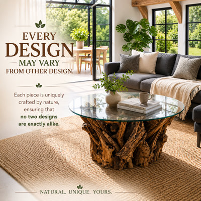 Modern Natural Wood Handcrafted Round Coffee Table Teak Root and Branch Design with Tempered Glass