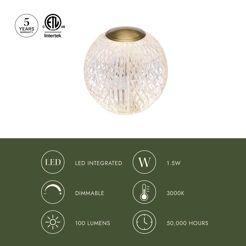 Marni LED Table Lamp, 4.38" H x 3.63" W x 3.63" D, Natural Brass, Clear/Natural Brass