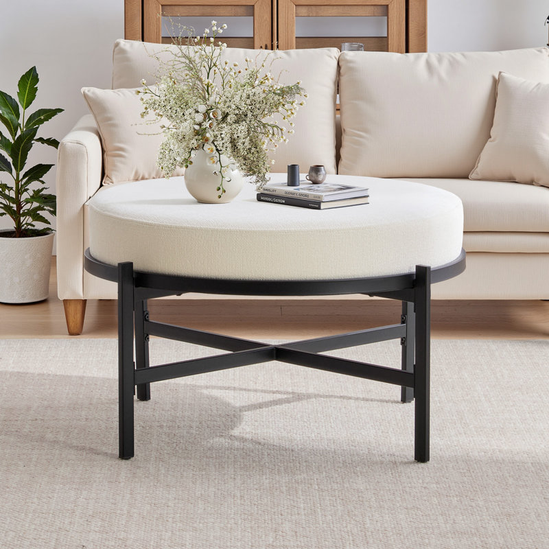 30.7" W Chenille Upholstered Round Ottoman With Adjustable Metal Legs, White