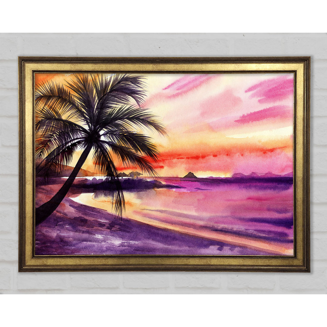 Gerahmtes Leinwandbild Watercolour Purple Palm Tree Ocean