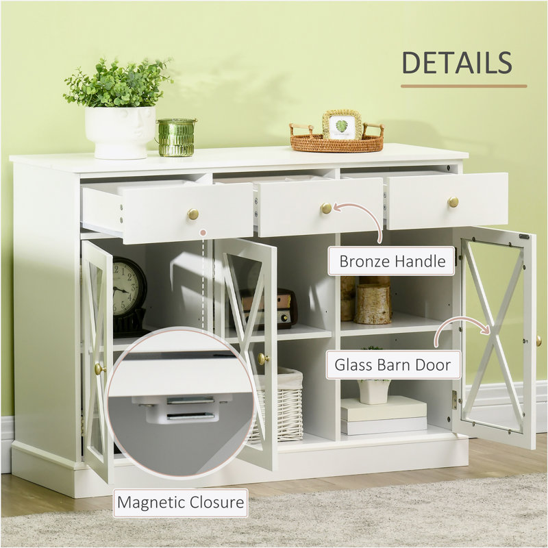 White Farmhouse Style Sideboard Buffet Cabinet with Glass Doors and Drawers
