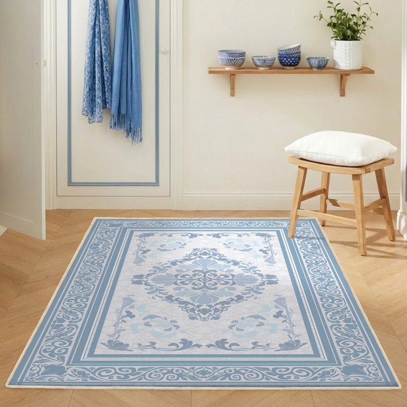 Tapis floral faux cachemire 3 pi x 5 pi avec envers antidérapant en TPE, tapis décoratif doux pour le salon ou la chambre à coucher, bleu cendré