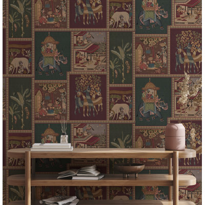 Murale de peinture indienne moghole miniature - papier peint pelez et collez ou non tissé rétro Royal Court Elephant