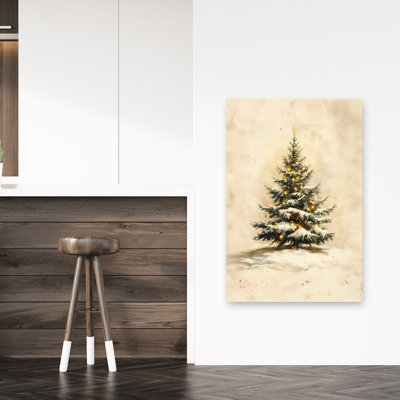 Arbre d'hiver festif classique, arbre de Noël traditionnel rustique, arbre à feuilles persistantes, pin, forêt, impression d'art mural