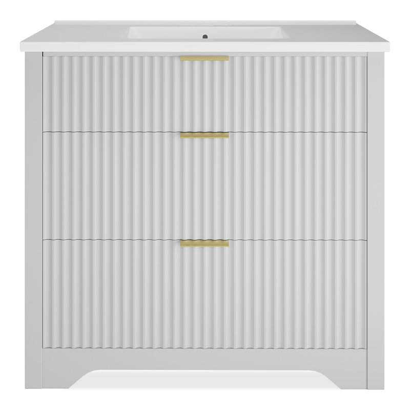 36" Fluted Bathroom Vanity with Sink, Freestanding Bathroom Vanity Cabinet with 2 Drawers & Flip-Down Drawer, Modern Farmhouse Bathroom Storage Cabinet