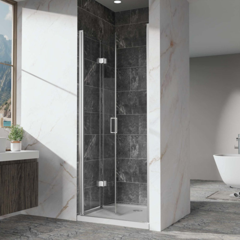 Portes de douche pivotantes, porte de douche battante pliante sans cadre, quincaillerie en verre trempé transparent de 1/4 po (6 mm), installation réversible