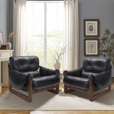 Esmiralda 35.83'' W Top-grain Genuine Leather Accent Lounge Armchair with Ash Wood Frame