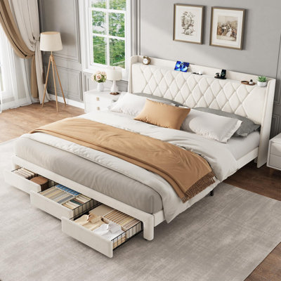 85 x 78 x 46 in. King Metal Platform Bed with Pull Out Trundle and 2 Storage Drawers, Diagonal Pattern Bed Frame with Slats for Bedroom Guest Room Kids Apartment Room, Cream