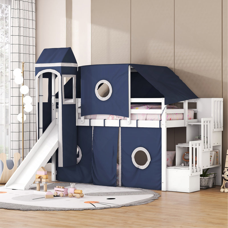 Lit mezzanine simple avec tente et tour, Bleu