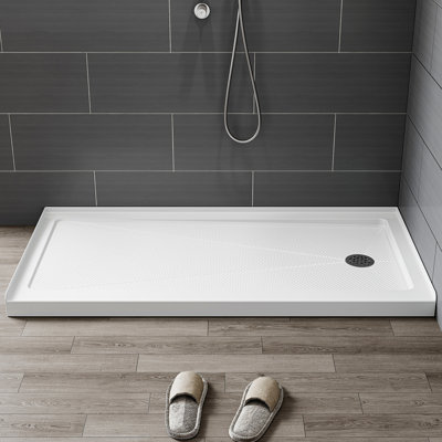 60" W X 30" D Non-slip Shower Base With Matte Black Drain Assembly, Wider Threshold Design