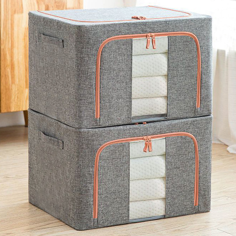 Hokku Designs Fabric Decorative Bin, 2Pack Clothes Storage Bins with Metal Frame Foldable Storage Box Clothes Organizers Storage Containers for Clothes Sheets Blankets Books Toys Gifts and Holiday Decorations