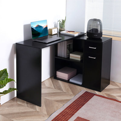 L Shaped Computer Desk, 180° Rotating Corner Desk With Storage Shelves, Drawer And Cabinet, Study Workstation For Home Office, Black