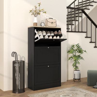 HOMCOM Narrow Shoe Cabinet w/ 3 Flip Drawers for 12-18 Pairs of Shoes Black