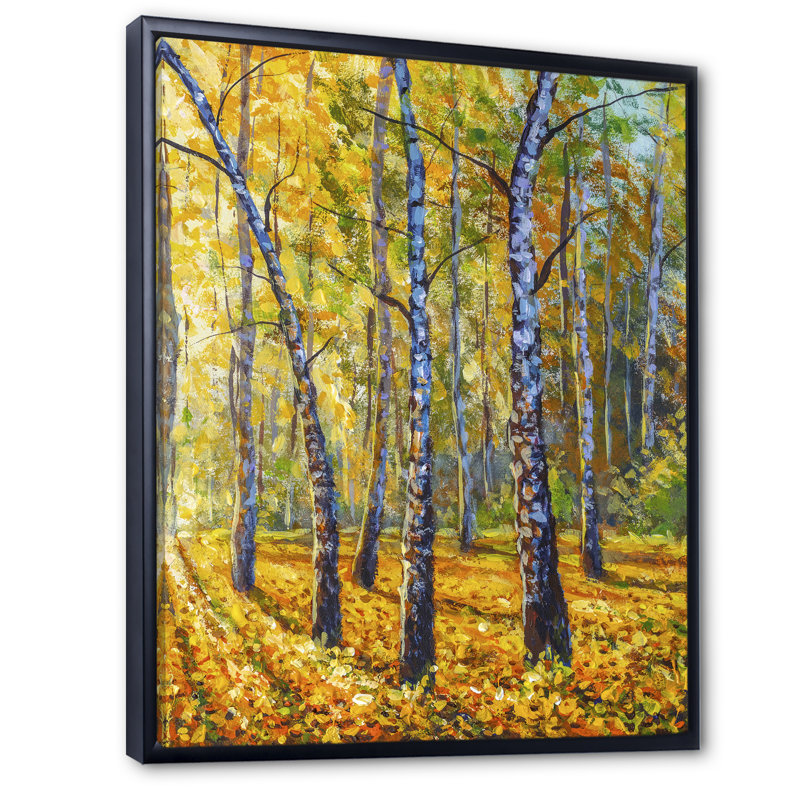 Chemin vers la forêt de bouleaux II - Peinture, H 20 po x l 12 po x P 1 po, Toile à cadre flottant noir