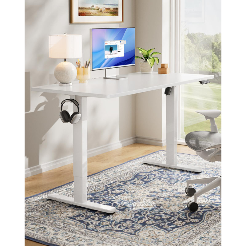 Bureau électrique debout, bureau d'ordinateur à hauteur réglable, Blanc, H 46,5 po x l 59,1 po x P 23,6 po