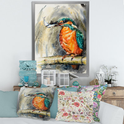 Martin-pêcheur commun mangeant un petit poisson - peinture sur toile