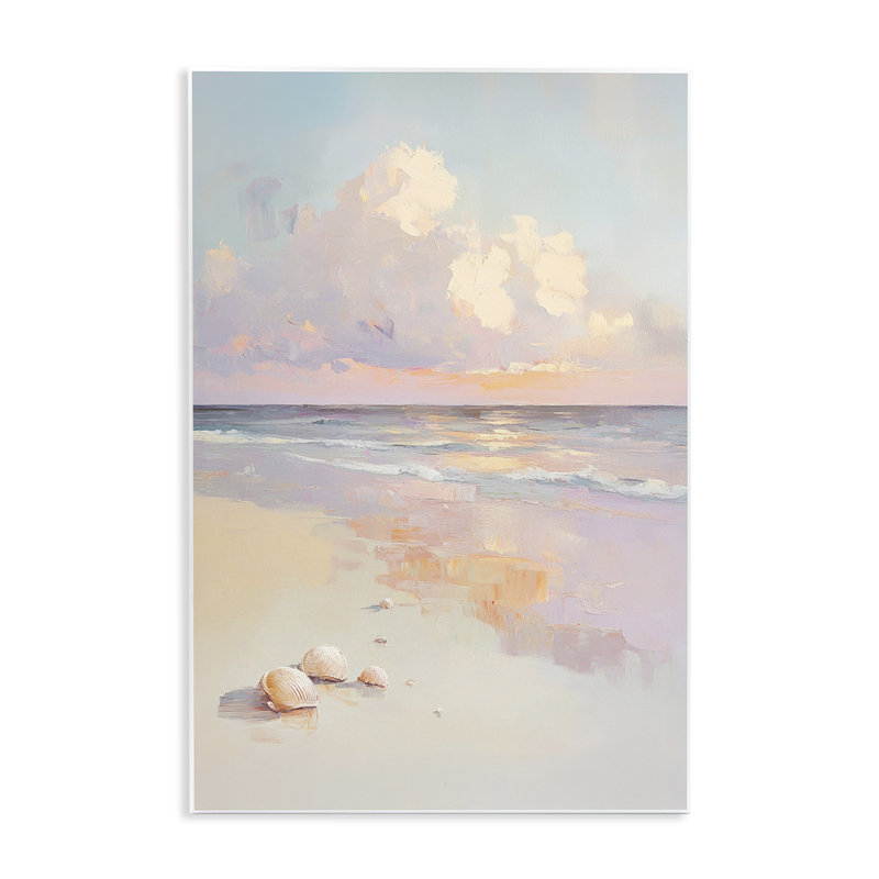 Plaque murale pastel coucher de soleil sur coquillages, design par Sissi et Seb, 19 x 13