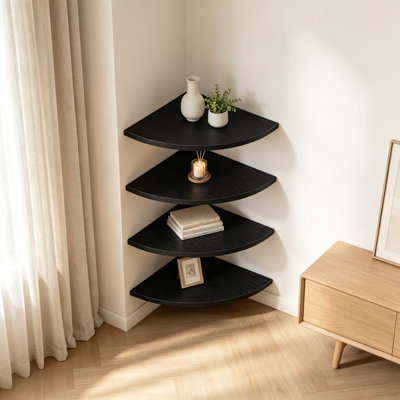 Corner Shelf Wall Mount, Wood Floating Corner Shelves with Cord Hole, Set of 4 for Bathroom, Bedroom, Kitchen, Curved Design