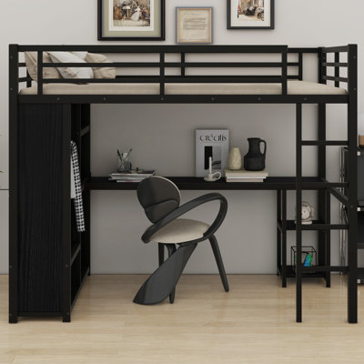 Lit mezzanine tout-en-un en métal avec garde-robe, bureau et tablettes