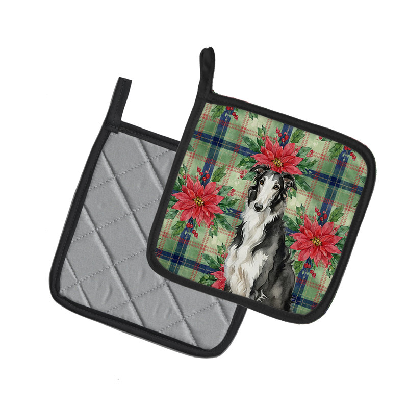 Paire de porte-casseroles noirs et blancs Barzoi Christmas Poinsettas