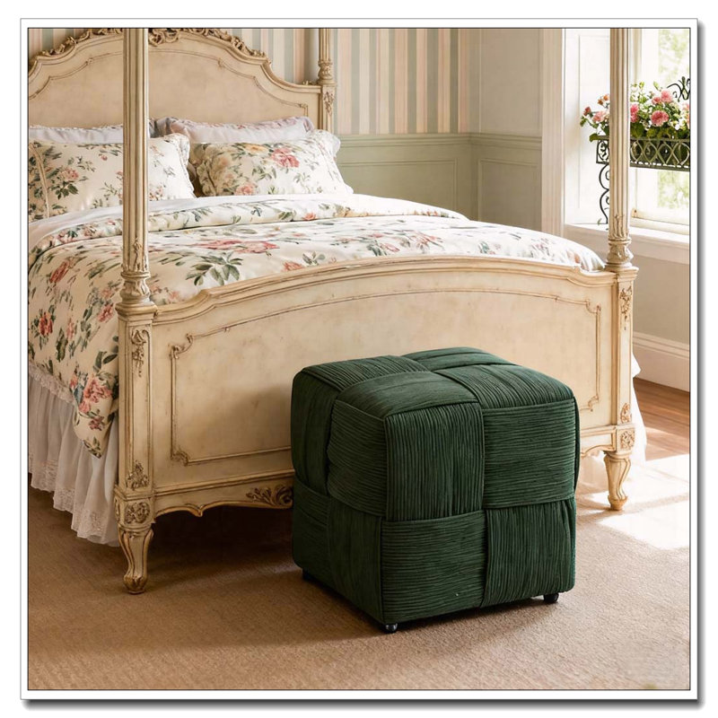 Square Corduroy Woven Design Ottoman, Green