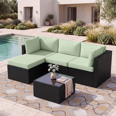 Canapé modulaire d'extérieur en osier 5 pièces avec repose-pieds et coussins 5 pièces