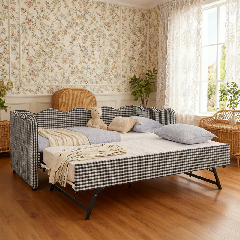 Twin Daybed with Trundle & USB Port - Wave Shaped Gingham No Box Spring Needed, Black
