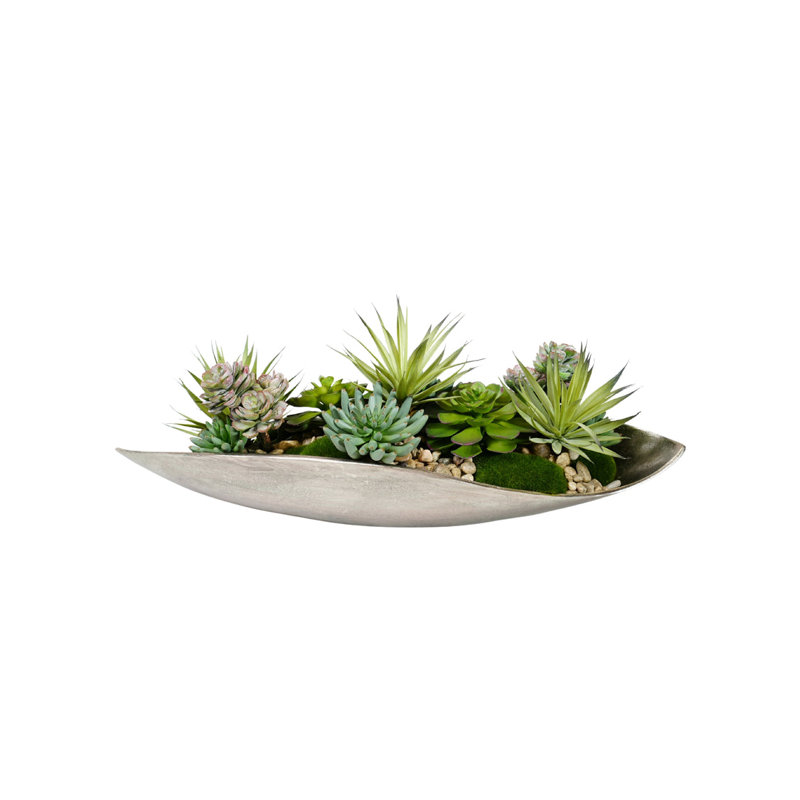 Faux Moss,Succulents Arrangement in Metal Tray