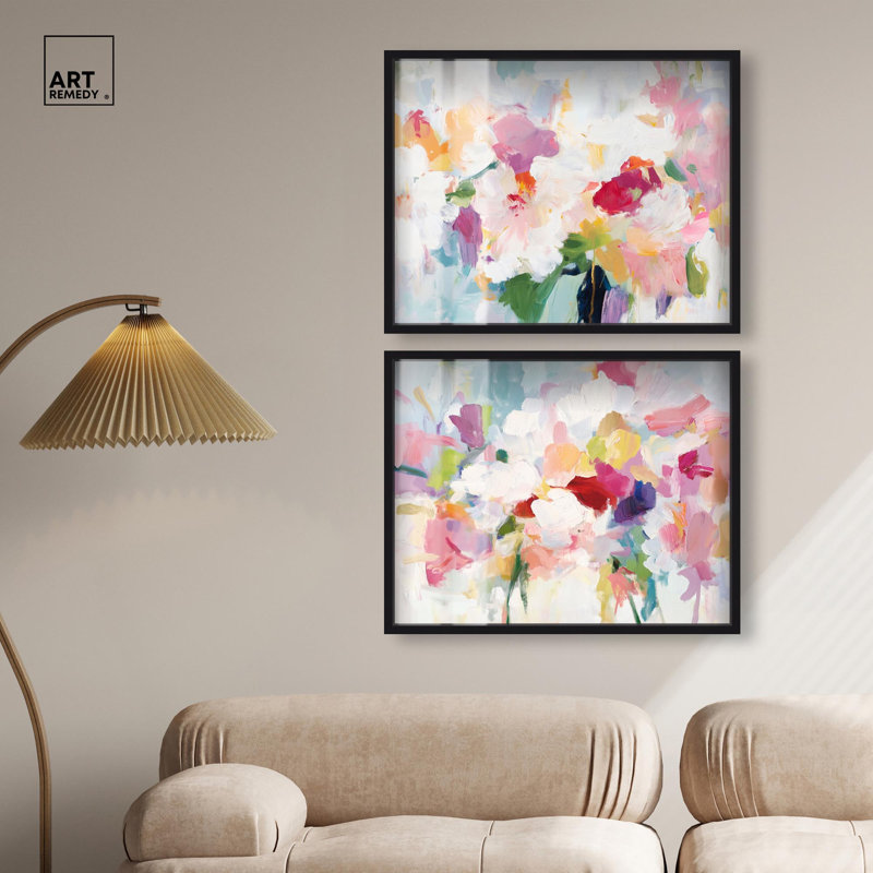 Blush rose chambre à coucher ensemble de sérénité Shadowbox Floral Abstracts par Art Remedy, H 25 po x l 31 po, Noir