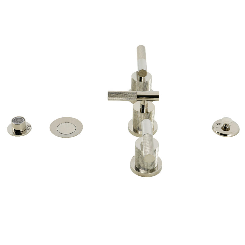 Kingston Brass Convergent Three-Handle Deck Mount Bidet Faucet With Knurled Handle And Brass Pop-Up Drain, Polished Nickel