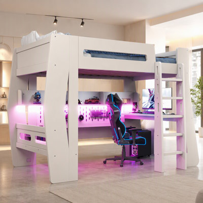 Lit mezzanine simple / double, lit de jeu tout-en-un avec bureau, lit de jeu avec rangement, lit mezzanine avec lumière DEL, cadre de lit mezzanine de style Esports pour adolescents, lit mezzanine peu encombrant. Beige