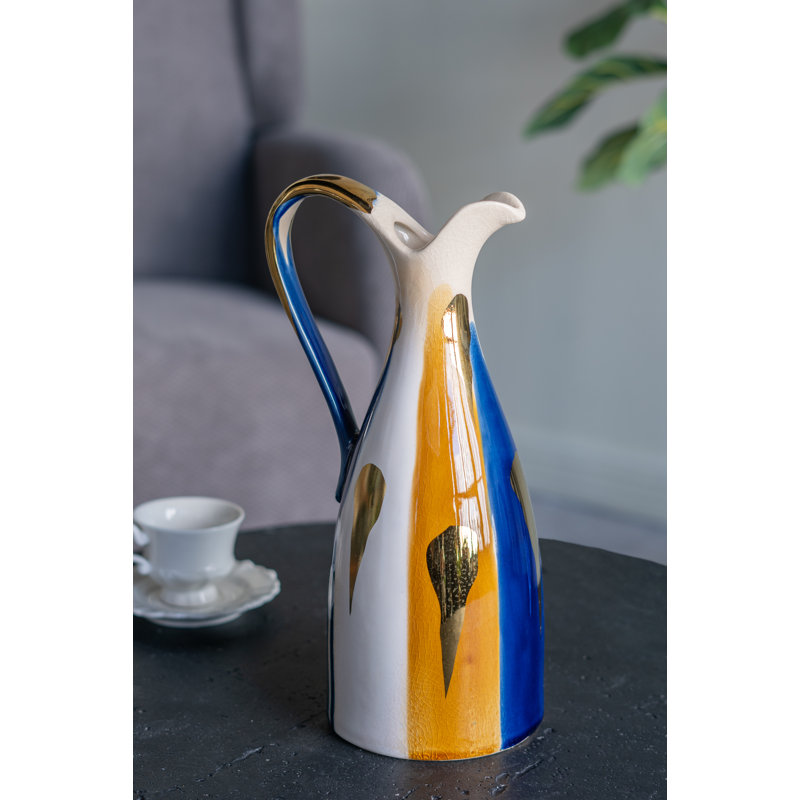 Ceramic Pitcher Vase with Abstract Multicoloured Finish, Yellow/Blue, 12.4'' H X 4.9'' W X 5.7'' D