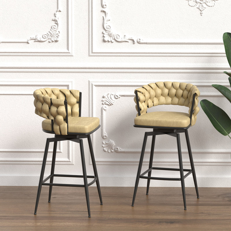 4 tabourets de bar de 28 po en cuir tressé brun technique. 360 pivotant, base en métal, siège et dossier pour bar, îlot de cuisine, café, tabourets de restaurant avec cadre en cuir. Confortable