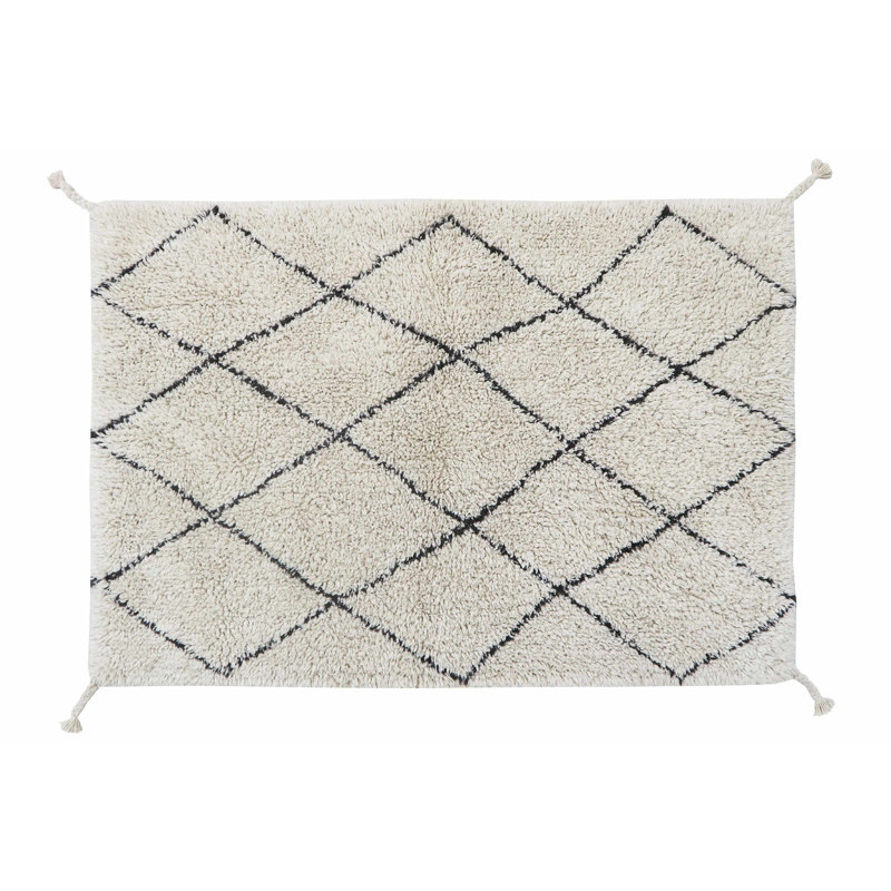 Handmade Rectangular Black and Beige Wool Cotton Rug