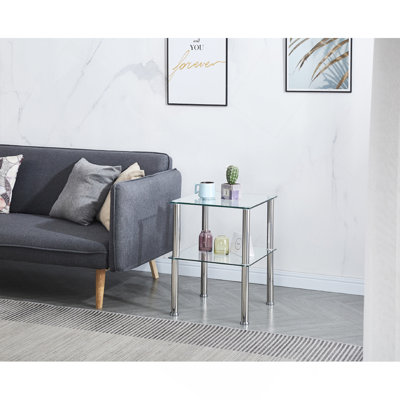 2-Tier Clear Glass Side Table-Modern Space-Saving End Table with Double Storage Shelves for Living Room & Bedroom