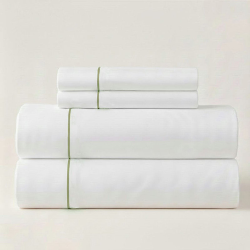 500TC Cotton Single Embroidery Sateen Solid Cotton 4 Piece Sheet Set Fitted Sheet Fits Upto 16" Deep Pocket, Sage Border
