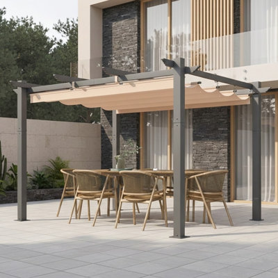 Erommy 10' X 12' Outdoor Pergola With Retractable Canopy, Heavy-Duty Metal Frame And Adjustable Patio Shade Roof, Khaki