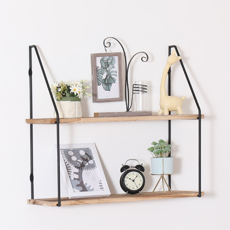 Floating Shelf With Metal Brackets, Wall Mounted Rustic Wood Wall Storage, Decorative Hanging Display For Trophy, Photo Frames, Collectibles, And Much More (2-Tier – Natural Wood)