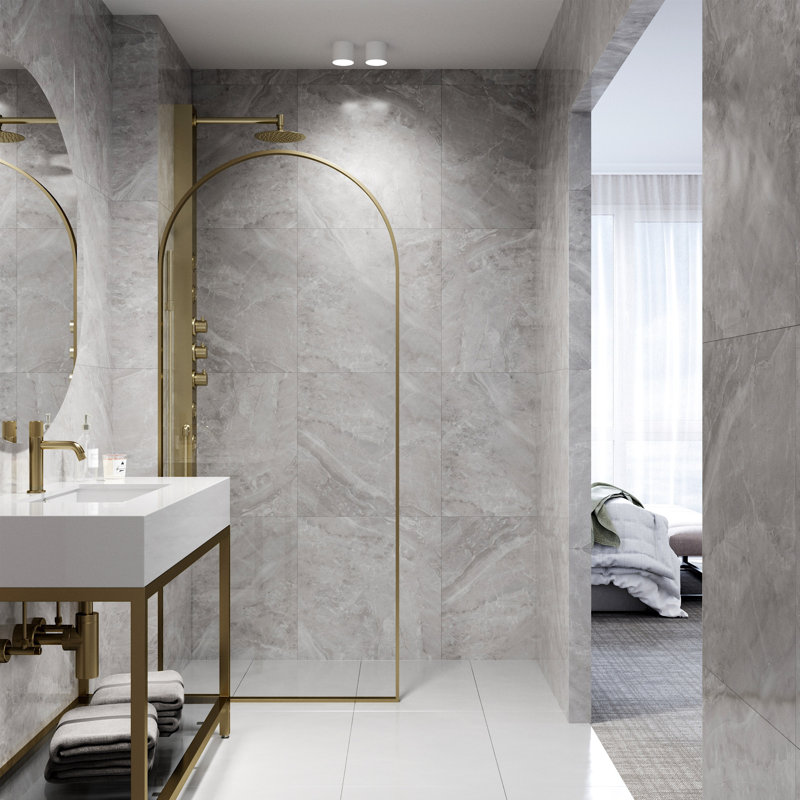 Arden 34" W x 78" H Fixed Framed Shower Screen with 3/8" Clear Glass, Matte Brushed Gold