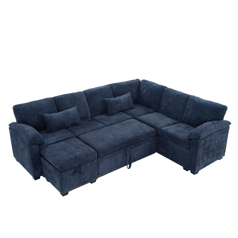 97" L-Shaped Upholstered Chenille Put-Out Sofa Bed Sectional with Storage Ottoman and 2 Pillows, Blue Chenille