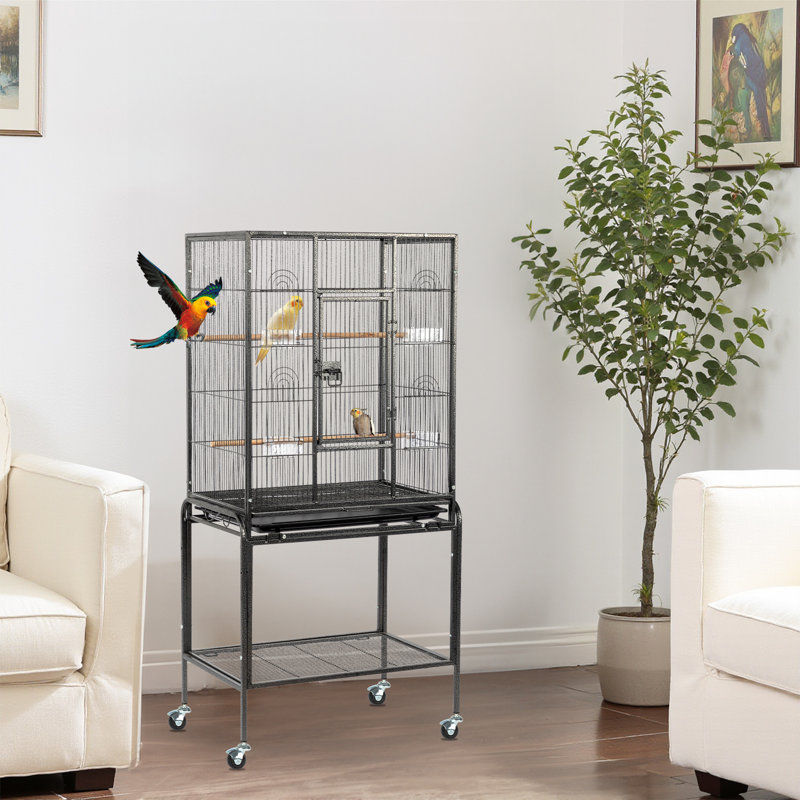53" Black Iron Flight Bird Cage with Rolling Stand and Storage Shelf