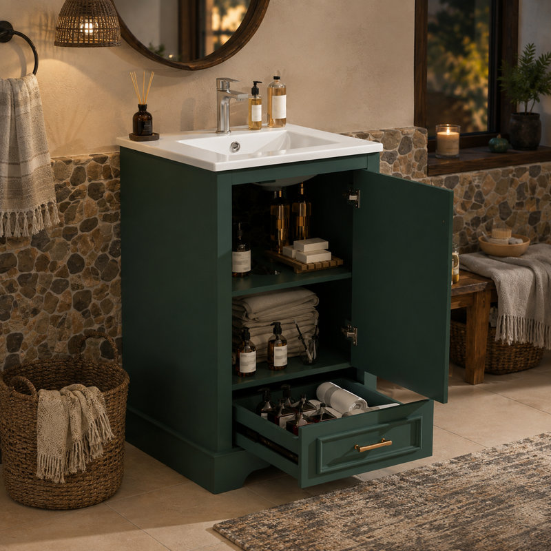 Ensemble meuble-lavabo moderne de 20,2 pouces avec lavabo en céramique et porte à fermeture en douceur