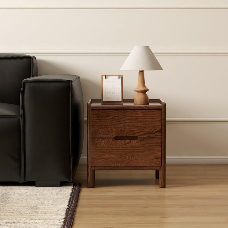 15.75"W MCM Solid Oak Wood Nightstand with 2 Drawers-Single, Brown Oak, Single