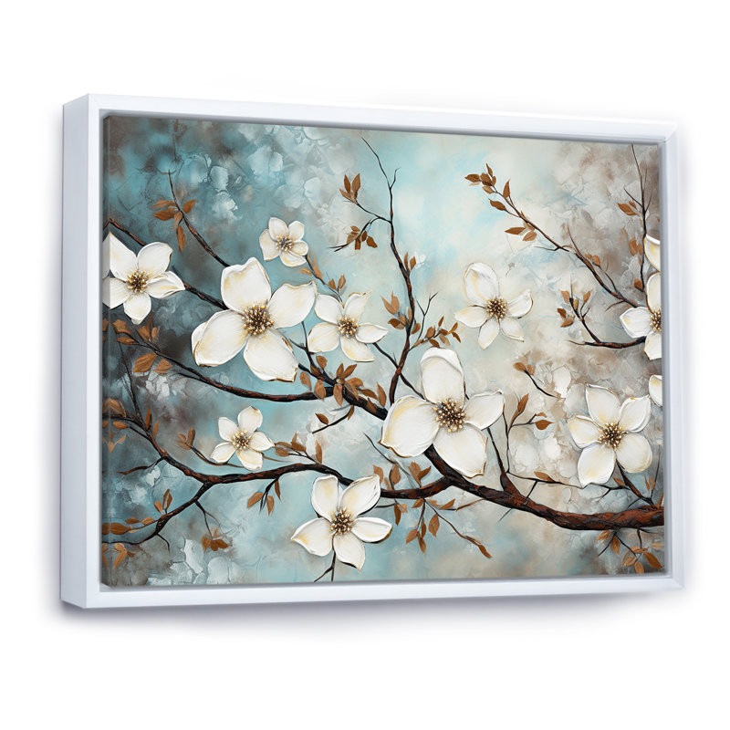 Dogwood Beauties - art mural cornouiller pour le salon, H 34 po x l 44 po x P 1,5 po, Cadre flottant blanc