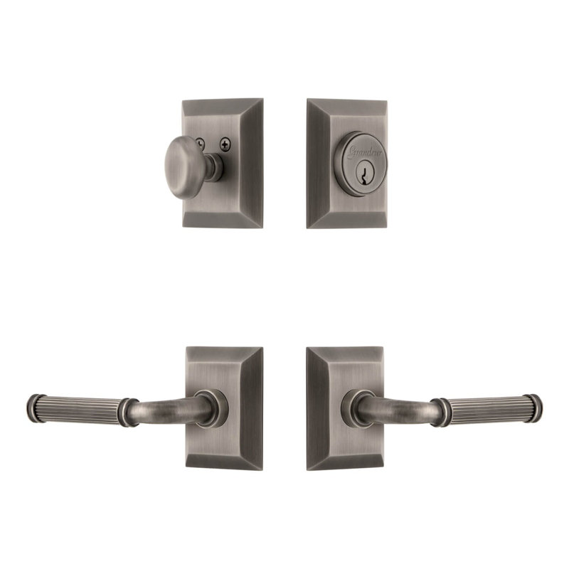 Fifth Avenue Square Rosette Complete Entry Set with Single Cylinder Deadbolt and Soleil Lever, Left Handed, 2.75"