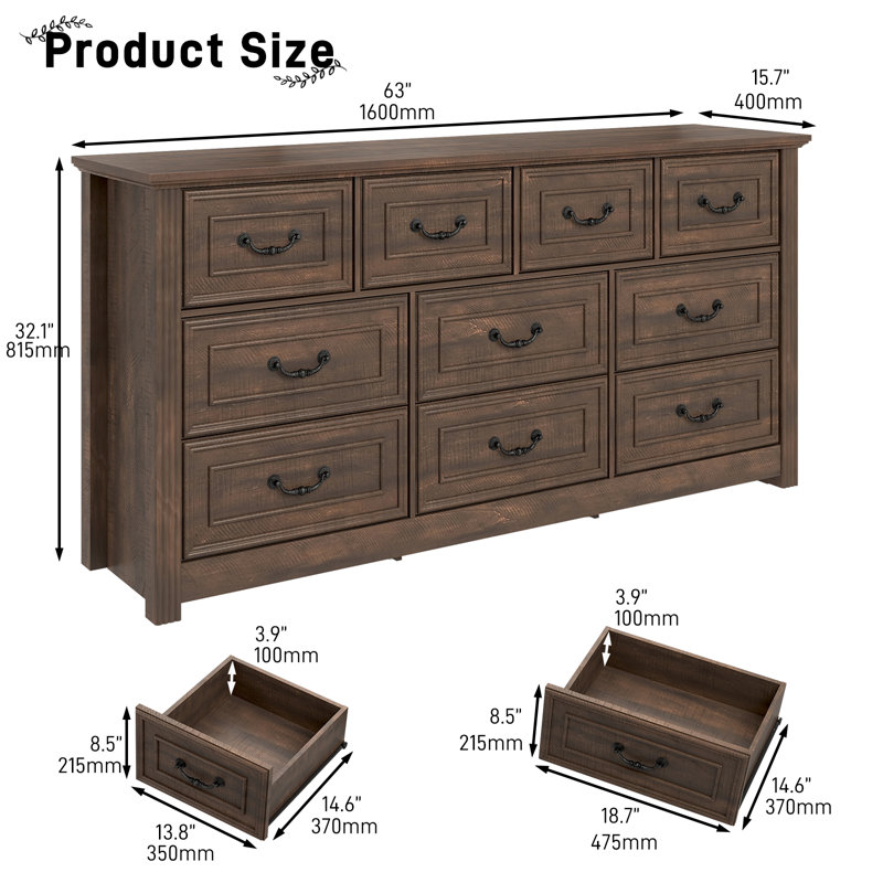 Dreonna Farmhouse 10 Drawers Dresser, 63''Rustic Chest Of Drawers For Living Room, Hallway, Bedroom